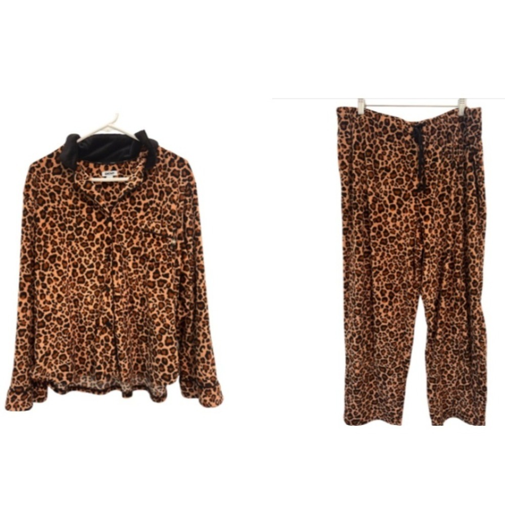 DKNY Leopard Print Pajama Set Brown Velour Button Down Coquette Lounge XL